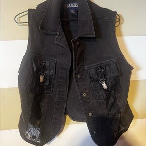 Black Denim Vest with Lace Accents